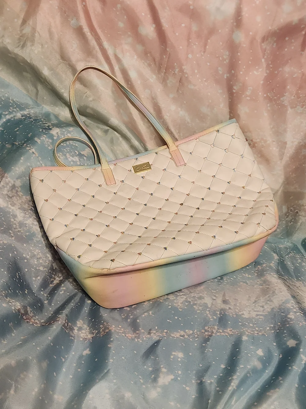 Betsey Johnson Quilted Pastel Tote Bag with Rainbow Trim